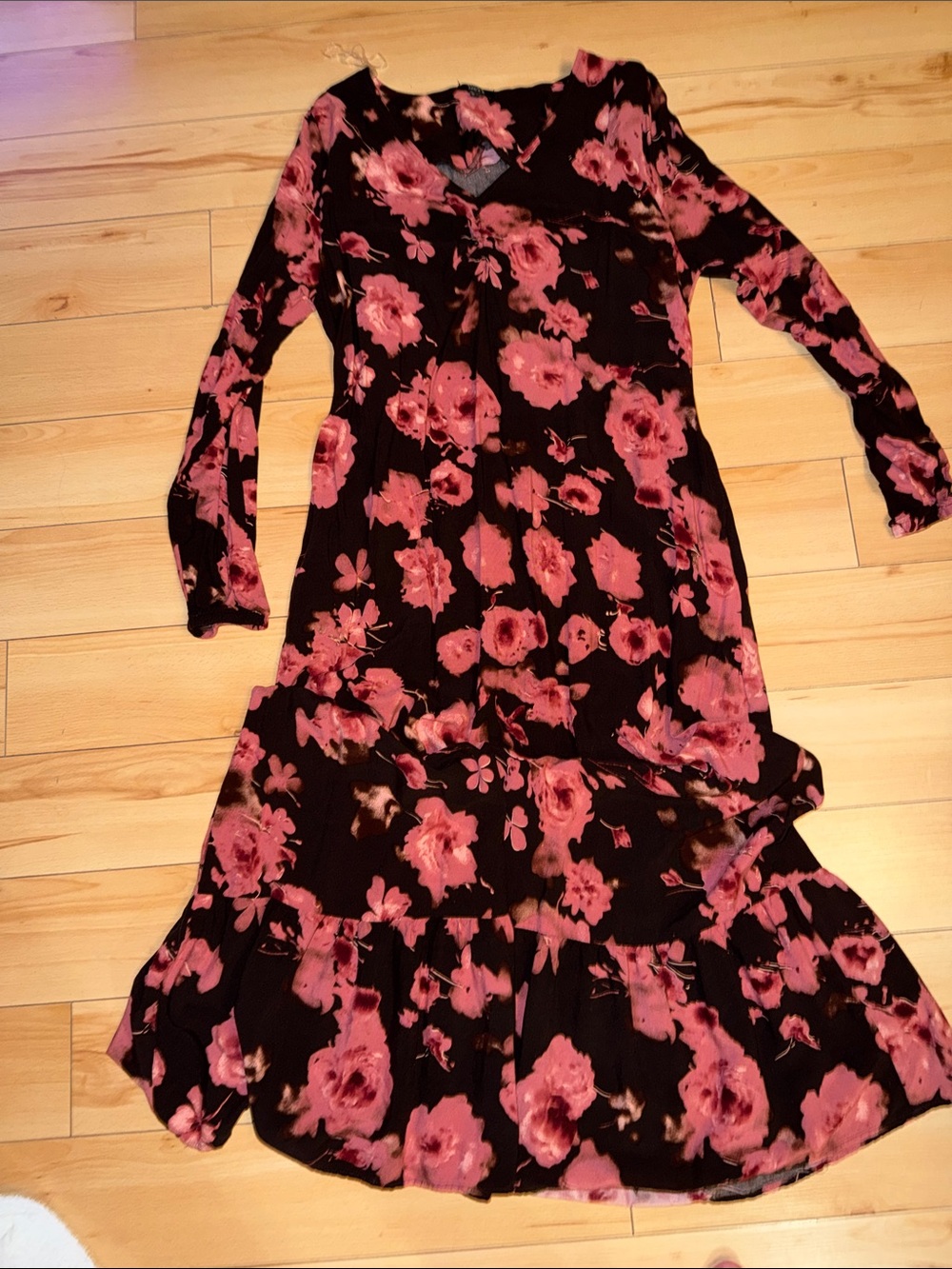 Mexx Black Dress with Pink Floral Pattern — Long Sleeve Midi